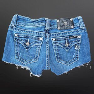 Miss Me Low Rise Denim Micro shorts Cut Off Size 27 McBling Y2K Rhinestone